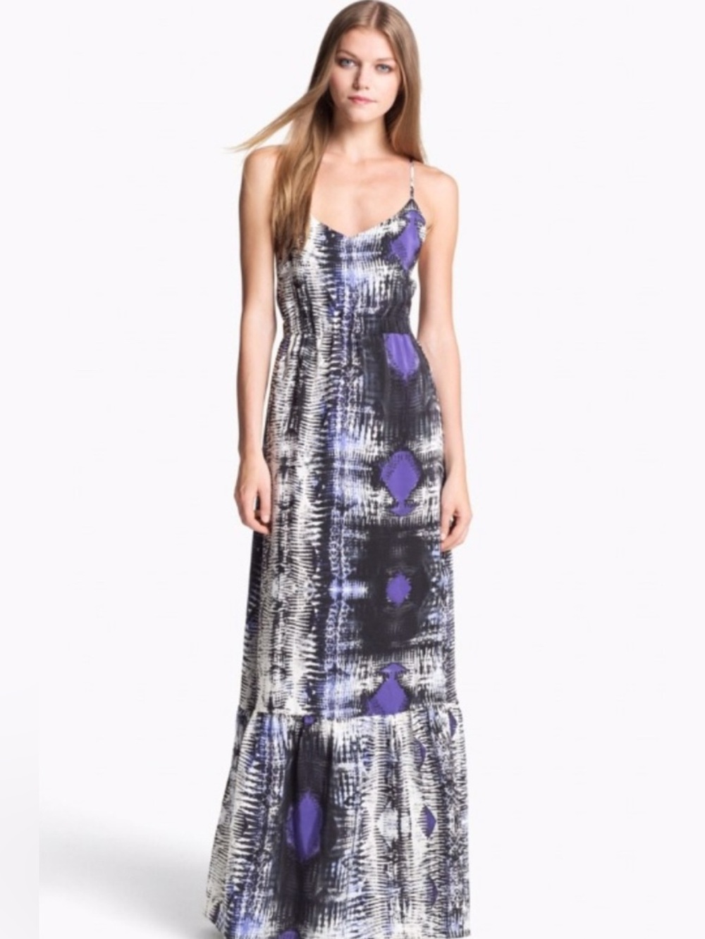 Parker Silk Maxi Dress XS Blue Abstract Print Criss Cross Back Ruffle Hem